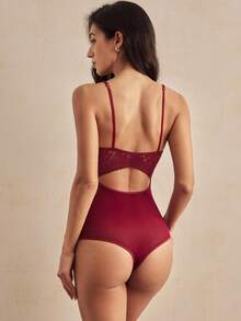 SHEIN Bộ đồ liền thân hở lưng ren vá gợi cảm dành cho nữ - Màu Đỏ Sâu - Xem 4
