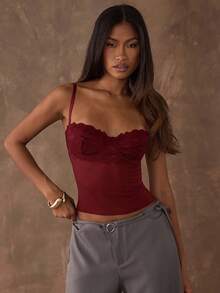 SHEIN BAE Women's Contrast Lace Cropped Fitted Sexy Camisole - Burgundy - View 5