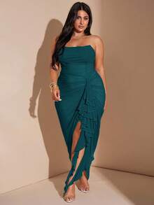 SHEIN BAE Vestido verde guisante/verde con volantes y abertura alta para mujer talla grande, elegante vestido de playa para vacaciones, vestido de fiesta en la playa, vestido para salir de noche, vestido de cumpleaños, vestido sexy y elegante, vestido de malla