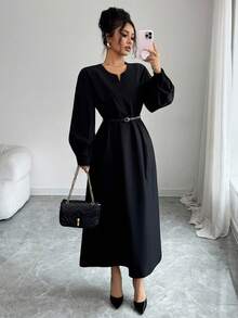 Elenzga Elegant Solid Color Long Sleeve Women Midi Dresses - Black - View 3