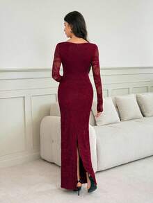 SHEIN Tall Váy ren ôm sát tay dài xẻ cao gợi cảm cho tiệc tùng, hẹn hò, buổi tối, mùa xuân và mùa hè - Màu Đỏ Sâu - Xem 2