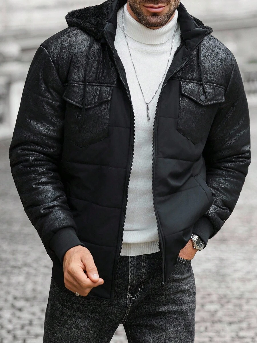 Manfinity CasualCool Thermal Lined Solid Color Pocket Design Hooded Winter Long Sleeve Coat For Men, Black Coat - Black - View 1