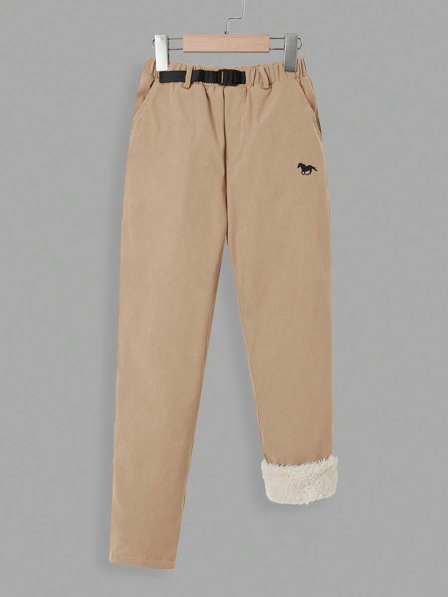 SHEIN 男童休闲马匹图案印花纽扣腰带加厚保暖直筒裤，秋冬季款