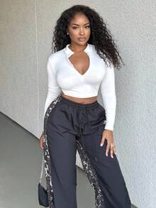 Alexandranx Spring And Summer Turtleneck Half-Zip Short White Long-Sleeved T-Shirt - White - View 1