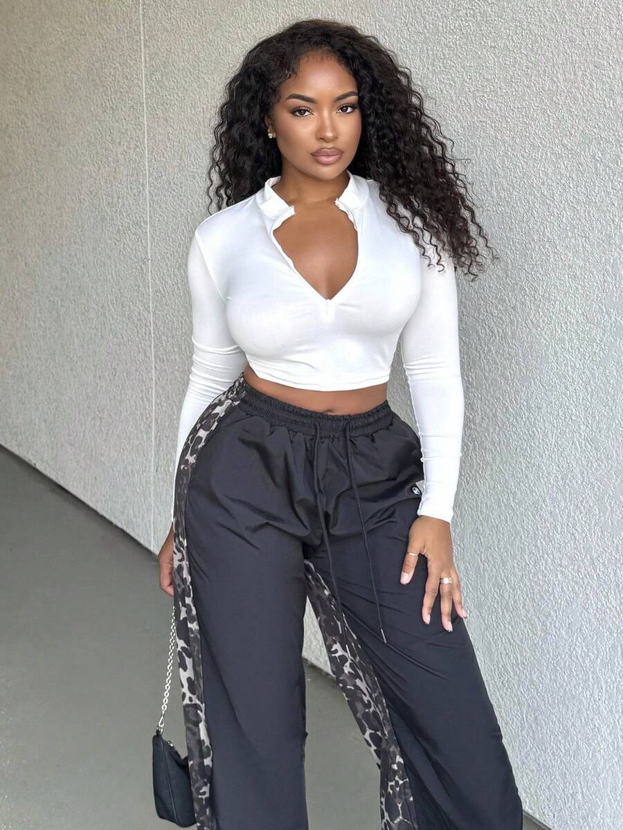 Alexandranx Spring And Summer Turtleneck Half-Zip Short White Long-Sleeved T-Shirt - White - View 1