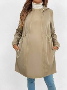 SHEIN 孕妇纯色抽绳腰带连帽三合一哺乳夹克 - 卡其色 - 查看 5