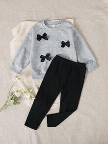 Playful Pals 2pcs/Set Young Girl' Casual Apricot Round Neck Sweatshirt And Ribbed Leggings Set, Suitable For Autumn/Winter Wear, Daily, Party And Photo Shoot