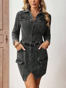 EMERY ROSE Women's Denim Dress For Daily Wear - Dark Grey - View 5