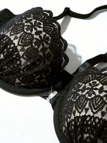 1 件女士蕾丝拼布前扣式钢圈文胸 - 黑色 - 查看 4