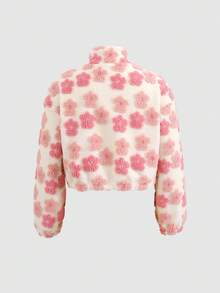 SHEIN 少女金属拉链立领口袋花卉羊羔绒纹理面料休闲通勤优雅外套夹克，秋冬 - 粉色 - 查看 8