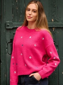 lacRébo Fluffy Relaxed Jumper With Embroidered Flowers Fall Women Clothes Autumn Outfits Fall Women Clothes Spring Summer Going Out Top Office Top - Hot Pink - View 5