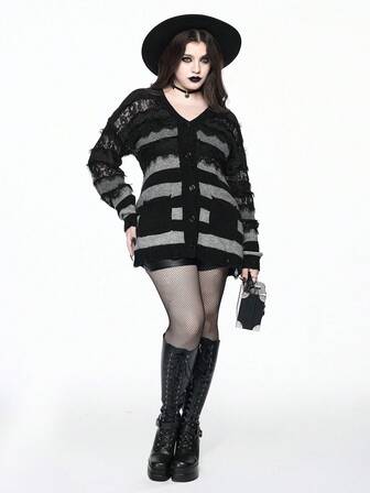 Goth Plus Size Women Gothic Ombre Striped Lace Patchwork Distressed Hem Loose Cardigan