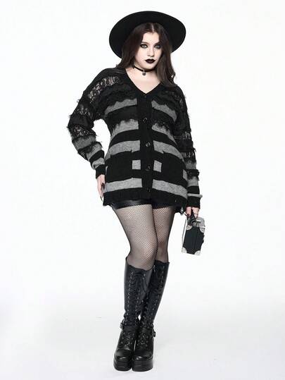 Goth Plus Size Women Gothic Ombre Striped Lace Patchwork Distressed Hem Loose Cardigan