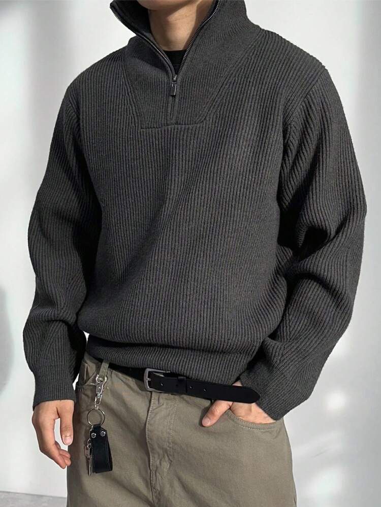 Men's High Neck Half-Zip Sweater, Dark Grey, Autumn/Winter