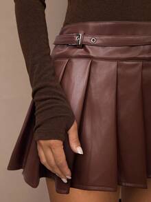 SHEIN BAE 女式复古休闲迷你百褶裙，秋季 - 棕色 - 查看 3