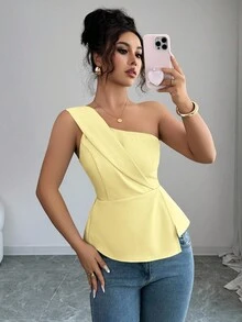 Elenzga 女款 Y2K 纯色不对称下摆无袖上衣 - 黃色 - 查看 6