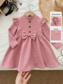 LMoss Kids LMoss Baby Girl Pink Autumn Cute Sweet Birthday Dress,Solid Knit Round Neck Ruffle Hem Long Sleeve Textured Warm Outfit For Christmas Spring Winter - Pink - View 10