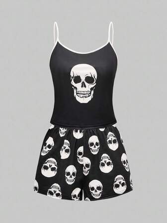 Goth Set pigiama casual da donna con canotta e pantaloncini a contrasto con motivo gotico imp
