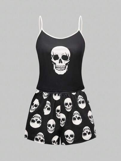 Goth Conjunto de pijama casual de camiseta de tirantes y pantalones cortos con estampado gótico de contraste de color para mujer