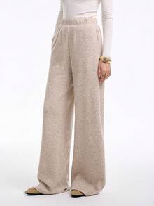 Aalyst 女士休闲、商务、居家办公优雅长裤，针织仿羊毛，及踝长度，带口袋，杏色，秋冬 - 杏色 - 查看 4