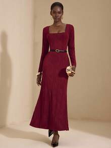 JIAN LASALA Burgundy Textured Knit Square Neck Backless Tie-Up Mermaid Hem Fitted Dress Women Elegant Dark Red Dress Maroon Dress Burgundy Dress Open Back Dresses Red Wine Dress Luxury Stylish Clothing Collection - Burgundy - View 1
