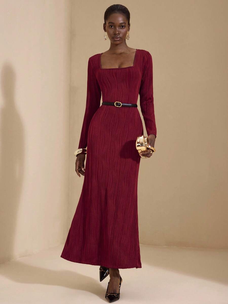JIAN LASALA Burgundy Textured Knit Square Neck Backless Tie-Up Mermaid Hem Fitted Dress Women Elegant Dark Red Dress Maroon Dress Burgundy Dress Open Back Dresses Red Wine Dress Luxury Stylish Clothing Collection - Burgundy - View 1