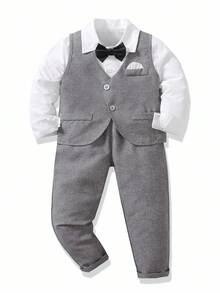 SHEIN 2 件儿童绅士套装，包括长袖背心夹克和及踝长裤，适合学校、生日派对、婚礼、洗礼的正式西装，优雅复古风格 - 灰色 - 查看 3