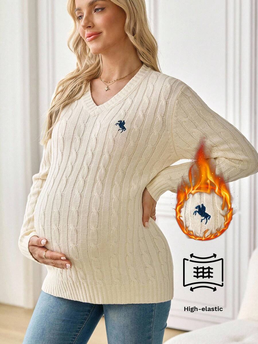 SHEIN Maternity Knight Pattern V-Neck Long Sleeve Casual Sweater, Autumn - White - View 1