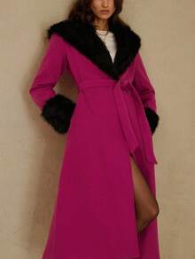 Aveloria Rosie Cappotto lungo con cintura, colletto in pelliccia, stile di lusso, colore unito, stile europeo e americano, autunno/inverno nuovo - Multicolore - Visualizzare 3