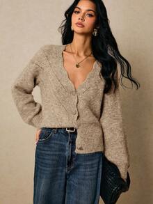 Poéselle 女士纯色拱形V领长袖单排扣针织开衫，秋冬季款，毛衣开衫，棕色开衫，女士针织开衫，秋季，女士秋装 - 卡其色 - 查看 6