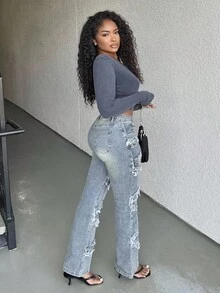 Alexandranx Camiseta Feminina Casual de Cor Sólida Assimétrica de Manga Curta - Preto - Visão 4