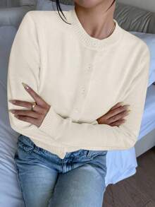 SHEIN 青少年女孩开衫针织衫休闲纯色圆领长袖宽松短款女孩开衫毛衣，温暖舒适，舒适别致，日常通勤毛衣开衫短款夹克蝴蝶结开衫青少年夏装毛衣秋冬女士服装 - 杏色 - 查看 5