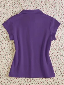 INAWLY 女式字母印花纽扣休闲百搭短袖T恤 - 紫羅蘭色 - 查看 2