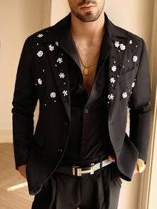 Manfinity BRENVOR Men's Elegant Gentleman Faux Pearl Detail Single-Breasted Blazer, For Fall Winter - Black - View 1