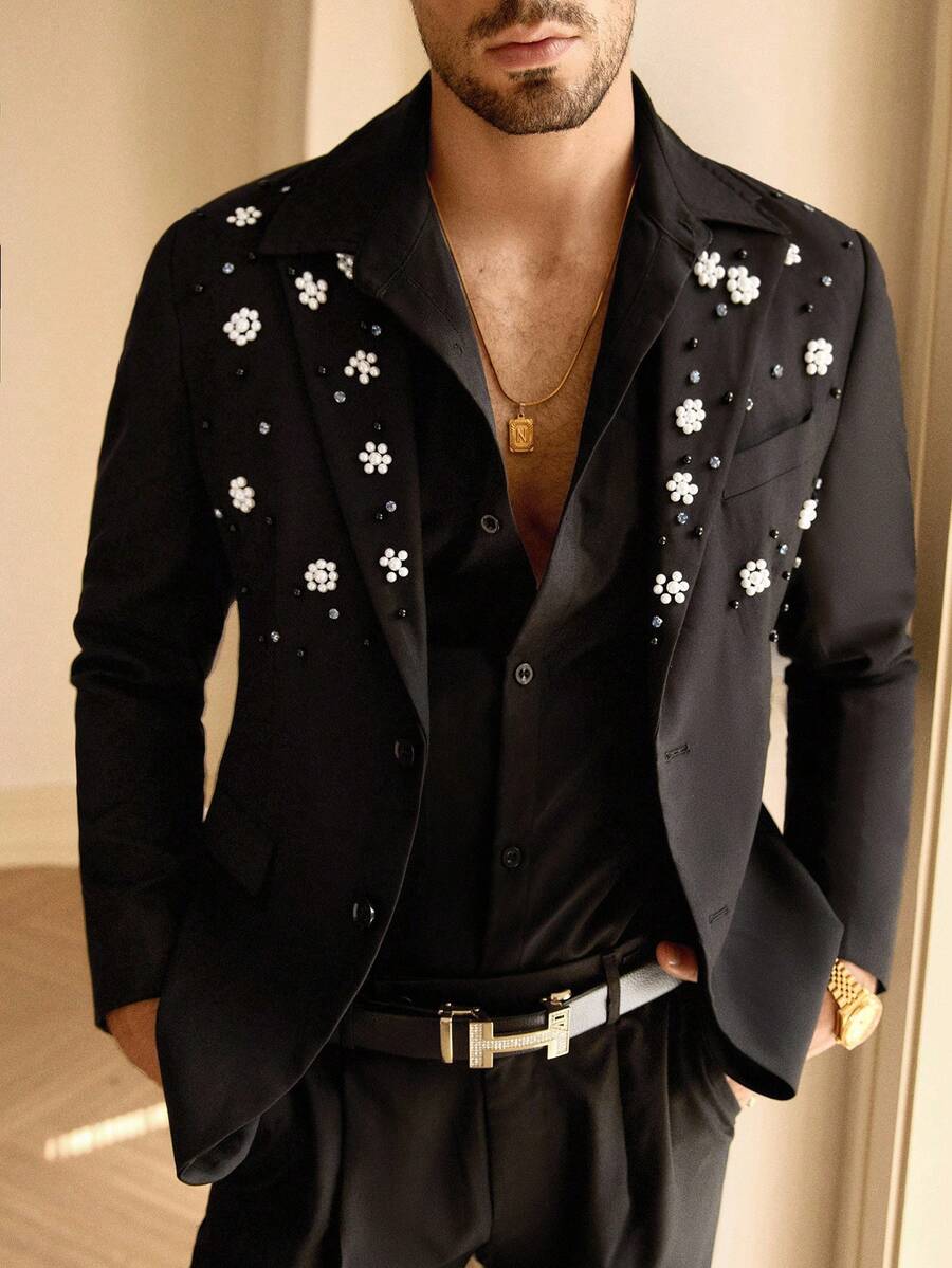Manfinity BRENVOR Men's Elegant Gentleman Faux Pearl Detail Single-Breasted Blazer, For Fall Winter - Black - View 1