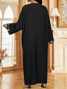 Fleurora 秋冬优雅端庄派对情人节鸡尾酒会音乐会/音乐节办公室黑色编织缺口舞会礼服蝙蝠袖束腰外衣长袖加大码连衣裙加大码优雅派对水钻装饰蝙蝠袖连衣裙 - 黑色 - 查看 2