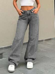 EURMUSE Low Waist Button Detailed Snow Wash Straight Cut Jean - Grey - View 4