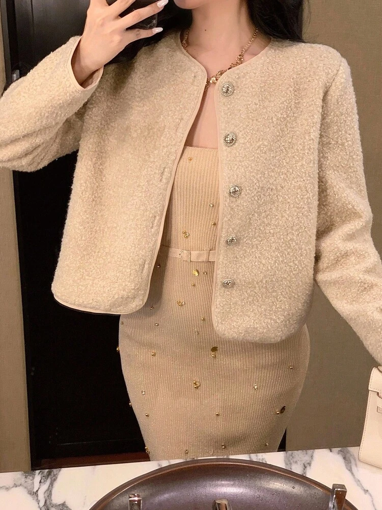 Women's Crew Neck Faux Fur Jacket, Elegant Regular Coat