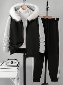 Set de 2 piezas de chaqueta y pantalón de chándal de corte holgado informal para niños adolescentes, adecuado para uso diario