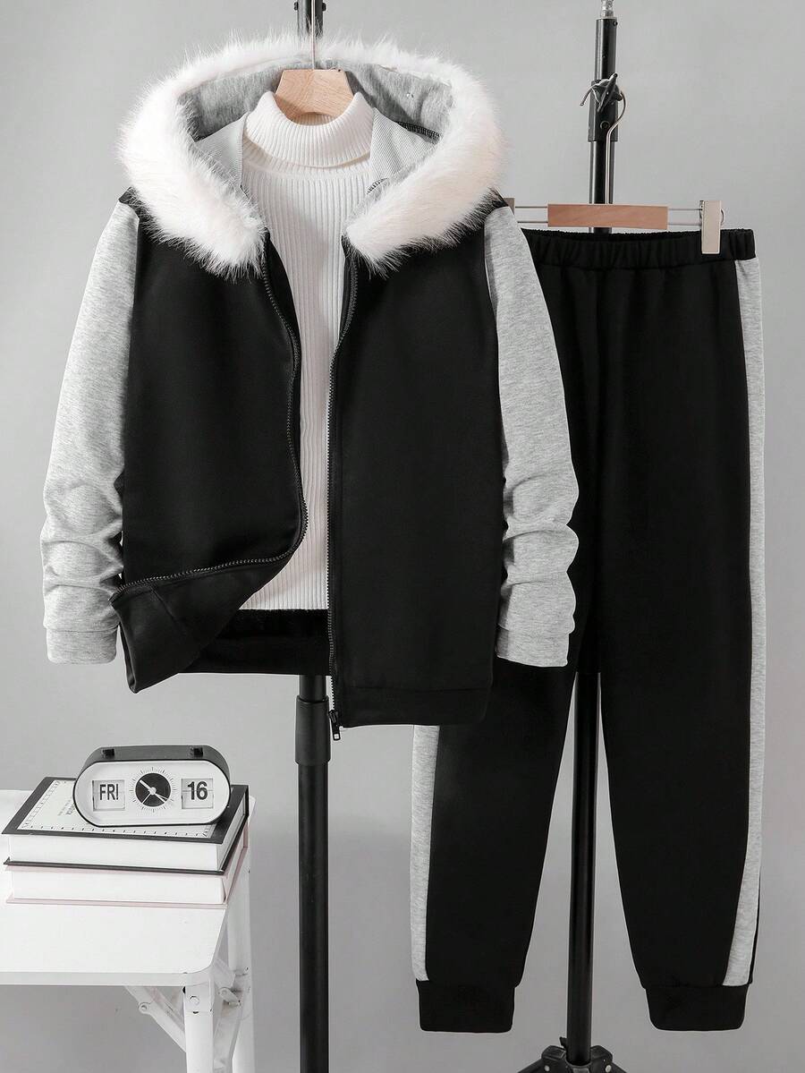 Set de 2 piezas de chaqueta y pantalón de chándal de corte holgado informal para niños adolescentes, adecuado para uso diario