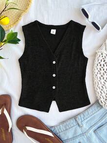 SHEIN Tween Girl Casual Solid Khaki Ribbed Knit Top Cute Black Tops Girls Tops Black Top For Kids Girl Front Open Black Top