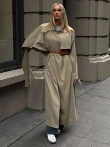 Aloruh 女式休闲裹领收腰长款风衣，秋冬 - 卡其色 - 查看 2