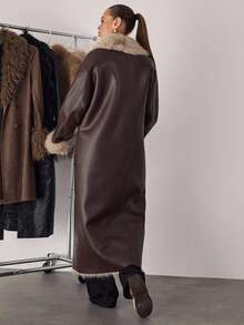 SHEIN BAE 女式复古拼布仿皮草夹克，秋冬 - 咖啡棕 - 查看 2