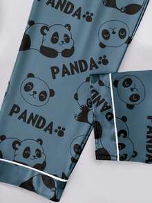青少年男孩舒适熊猫印花纽扣前开上衣和裤子睡衣套装，秋季 - 霧霾藍 - 查看 5