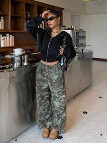 SHEIN EZwear 女式黑色连帽拉链休闲运动衫，饰有铆钉 - 黑色 - 查看 2