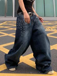 ROMWE MEN Street Life Men's Fashion Street Punk Rivet Decor Loose Wide-Leg Jeans, Belt Not Included - Dark Wash - View 5