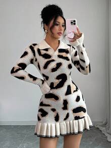SHEIN PETITE Autumn/Winter Leopard Print Polo Collar Ruffle Hem Fitted Short Women Sweater Dress