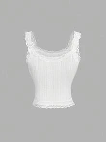 SHEIN MOD Women's White Lace Trim Jacquard Textured Bow Decor Camisole