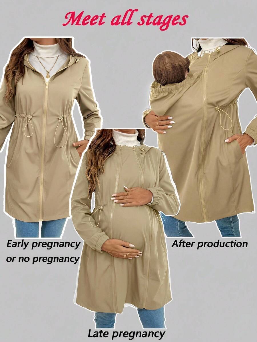 SHEIN 孕妇纯色抽绳腰带连帽三合一哺乳夹克 - 卡其色 - 查看 1