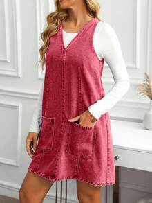 EMERY ROSE 女式双口袋休闲水洗牛仔连衣裙 - 紅色 - 查看 4
